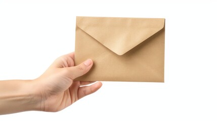 Poster - A hand holds an envelope in front of a white background.