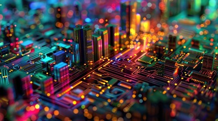 The image is of a circuit board with many colorful lights