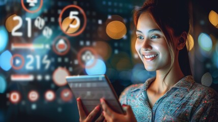Poster - An illustration of a girl holding a tablet computer and a 24-hour support service icon. Concept of 24-hour support.