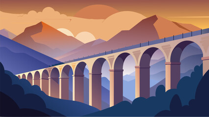 Wall Mural - The stoic bridge built on ancient Roman aqueduct arches connecting two mountain peaks with a breathtaking view.. Vector illustration