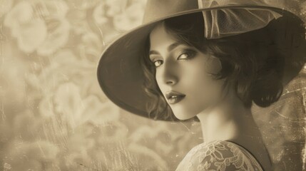 Wall Mural - A woman in vintage attire proudly wears a hat with a shining star