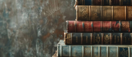 Wall Mural - Antique Book Collection, Stacked old books with leather bindings, Historical literature, Copy space