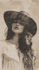 Wall Mural - A stylish woman in a hat captured in black and white, embodying vintage glamour and mystery