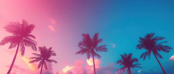 Wall Mural - Neon Palm Trees, Silhouette of palm trees against a synthwave sky, Retro vacation vibe, Copy space