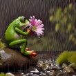 A green frog with a cute expression is seated on a stone holding and gazing affectionately at a pink daisy with falling rain