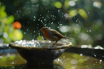 The robin drinks and bathes in the bird bath causing water to splash