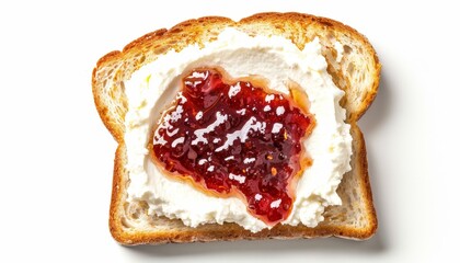 Poster - Toast with cream cheese and jam top view on white background