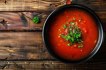 Canvas Print - Tomato soup in black bowl on wood top view with space to copy