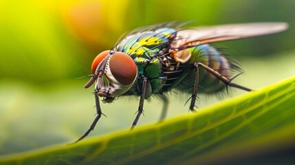 Poster - Close-up of a fly resting on a leaf, its compound eyes and delicate wings glistening in the sunlight against the backdrop of foliage.