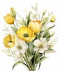 Watercolor artwork of yellow tulips and daisies, paired with olive and sage leaves, creating a serene and loving display ,  high resolution