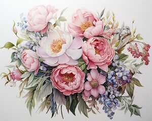 Watercolor bouquet featuring garden roses and blousy peonies, soft pastels on a white background, evoking delicate charm ,  watercolor painting