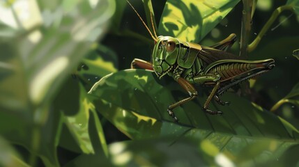 Poster - Close-up of a grasshopper perched on a leaf, camouflaged among the foliage with its green and brown markings.