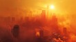 A dramatic image of a city skyline during a severe heatwave, showing heat haze and stressed infrastructure