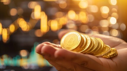 Poster - Close-up of a hand holding gold coins with a golden background and a graph charting gold price movements, representing wealth accumulation and investment.