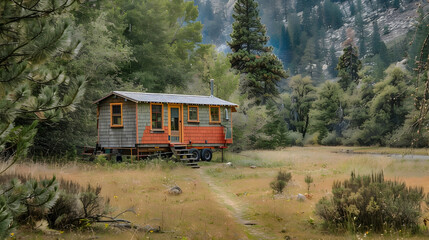 Wall Mural - A rustic cabin on wheels parked in a remote wilderness area