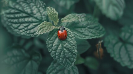 Poster - Close-up of a ladybug perched on a delicate leaf, its bright red shell contrasting beautifully with the lush green foliage.