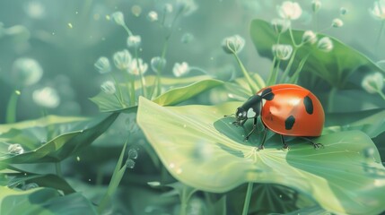 Poster - Close-up of a ladybug perched on a delicate leaf, its bright red shell contrasting beautifully with the lush green foliage.