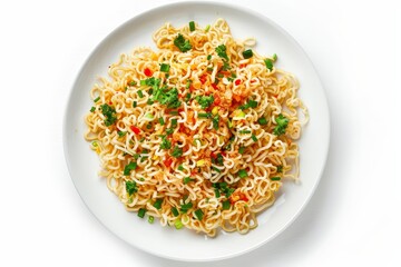 Wall Mural - Top view of instant noodles on white background