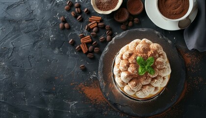 Wall Mural - Top view of tiramisu cake on a dark surface