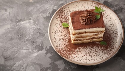 Poster - Top view of Tiramisu cake on a plate with chocolate decoration and grey stone background