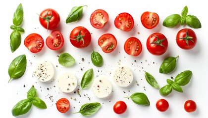 Wall Mural - Top view of tomatoes basil and Mozzarella on white background