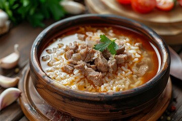 Traditional Turkish soup Beyran made with lamb meat rice garlic and vinegar sauce Gaziantep s specialty Beyran corbasi
