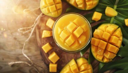 Poster - Tropical fruit juice with mango pulp on a wooden table