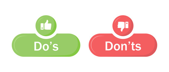 Aufkleber - Do's and don'ts button icon with like and dislike symbol in green and red color. Do's and Don'ts buttons with thumbs up and thumbs down symbols. Check box icon with thumbs up and down sign. Vector