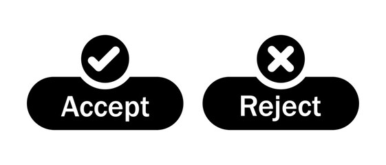 Aufkleber - Accept and reject button icon with tick and cross symbol in black color. Right and wrong buttons symbols. Check box icon with right and wrong sign. Vector