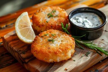 Poster - Two shrimp cakes with lemon garlic sauce and herbs on a table