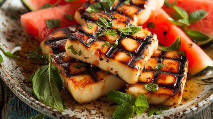 Wall Mural - Close-up of a plate of grilled halloumi cheese served with watermelon slices, a refreshing and delicious appetizer from the Middle East.