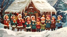 A Group Of Cheerful Carolers Singing Festive Songs Outside A Snow-covered House, Spreading Holiday Cheer.