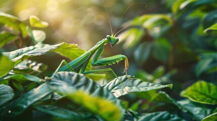 Poster - Close-up of a praying mantis camouflaged among the leaves, its long, slender body perfectly adapted to its leafy habitat.