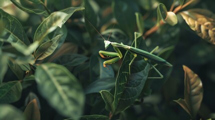 Poster - Close-up of a praying mantis camouflaged among the leaves, its long, slender body perfectly adapted to its leafy habitat.