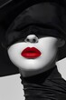fashion mannequin wearing black hat with red lips and black veil