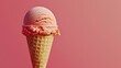 Pink ice cream in waffle cone on pink background with copy space