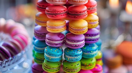 Poster - Close-up of a rainbow-colored macaron tower, with each delicate pastry showcasing a different vibrant hue, tempting the taste buds.