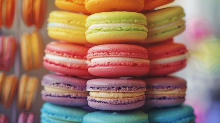 Poster - Close-up of a rainbow-colored macaron tower, with each delicate pastry showcasing a different vibrant hue, tempting the taste buds.
