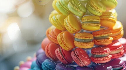 Poster - Close-up of a rainbow-colored macaron tower, with each delicate pastry showcasing a different vibrant hue, tempting the taste buds.
