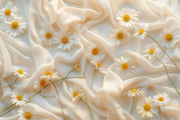 Wall Mural - Chamomile flowers on white crumpled fabric