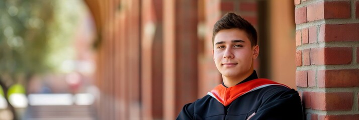 Teenage boy in graduation attire leaning confidently on a bright brick wall