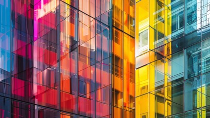 Aufkleber - Close-up of a sleek glass facade of a high-rise building, reflecting the vibrant colors and activity of the bustling city center.