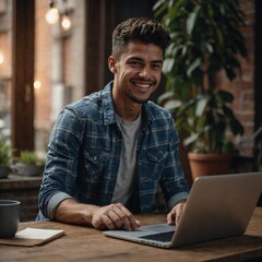 young man using laptop and smiling