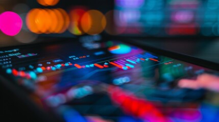 Poster - Close-up of a stock market trading app on a mobile device, with colorful graphs and charts depicting market volatility and price movements.