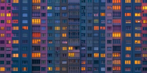 Densely packed windows on a multi-story apartment building with a colorful facade giving an urban vibe