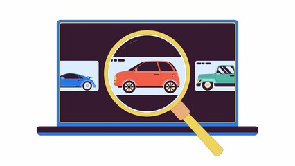 Aufkleber - Searching car on internet platform line 2D animation. Looking at autos through magnifying glass 4K video motion graphic. Online dealership linear animated cartoon flat concept, white background
