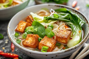 Wall Mural - Vegan Vietnamese homemade Pho soup with tofu noodles and veggies