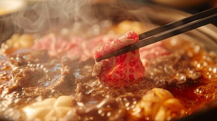 Wall Mural - Close-up of chopsticks picking up succulent slices of beef from a bubbling hot pot, showcasing the deliciousness and freshness of the ingredients.