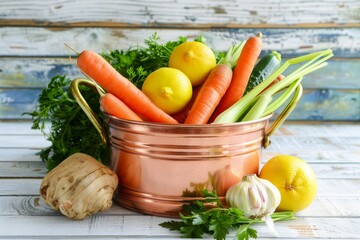 Wall Mural - Vegetables in copper pot on white background for soup or broth