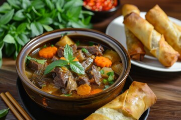 Wall Mural - Vietnamese beef stew with baguette and spring rolls